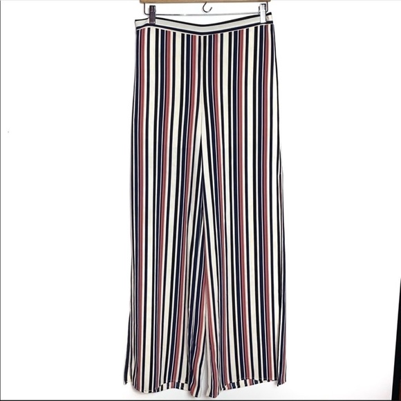 Aqua striped cropped wide leg high rise w/ side slit leg pull on pants - Picture 3 of 9